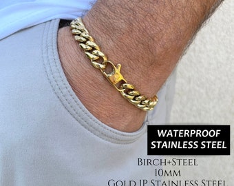 10mm Gold Stainless Steel Cuban Link Bracelet - Waterproof Tarnish Free, Unisex
