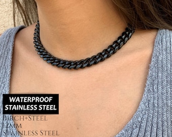 12mm Black Stainless Steel Cuban Link Chain Choker: Women's Thick Necklace Tarnish Free, Waterproof
