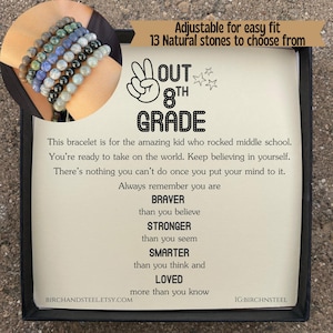 Peace Out 8th Grade Grad Gift, Adjustable Bracelet Gift for Middle School Graduation with Braver Stronger Inspirational Message Class of &#39;25