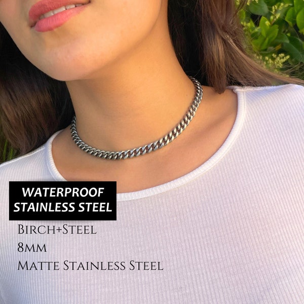 Thin Cuban Link Chain Necklace, Matte Steel Curb Chain Choker, 8mm Matte Stainless Chain, Non Tarnish Waterproof Hypoallergenic Chain Collar