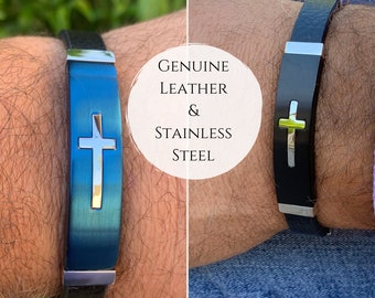 Men's Genuine Leather Cross Bracelet: Stainless Steel, Christian Gift