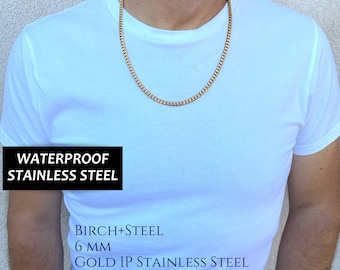 6mm Gold Stainless Steel Cuban Link Necklace - Waterproof Minimalist Curb Chain for Him