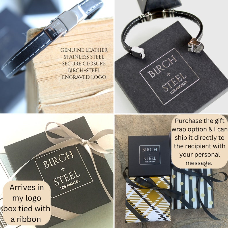 May include: A black leather bracelet with a silver clasp and a silver tag that says "Birch + Steel Los Angeles". The bracelet is in a black box with a white ribbon. The box is on a white surface.