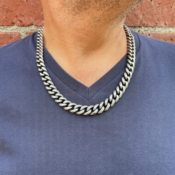 14 mm Silver-Tone Stainless Steel Cuban Chain Necklace, In stock!