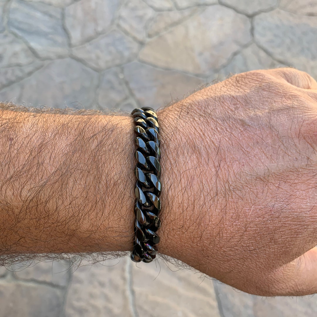 Black Stainless Chain Bracelet, 12mm Black Chain Link Bracelet