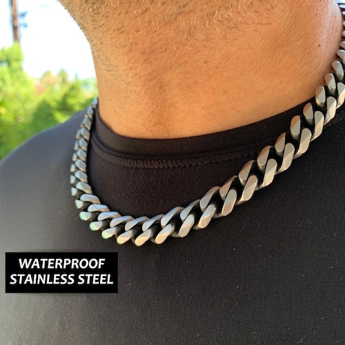 Matte 12mm Stainless Steel Cuban Link Chain: Men's Thick Statement Necklace Waterproof Non Tarnish