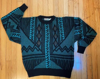 Vintage 80s Urban Works Geometric Sweater Green Black Leather Details