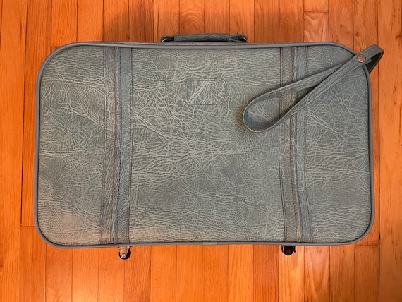 Vintage Sky Blue Faux Leather Rolling Suitcase - image 1