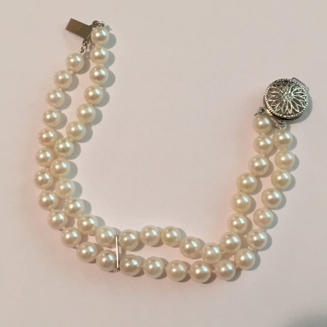 Cultured Pearls Double Bracelet With 14K White Gold Round Etsy