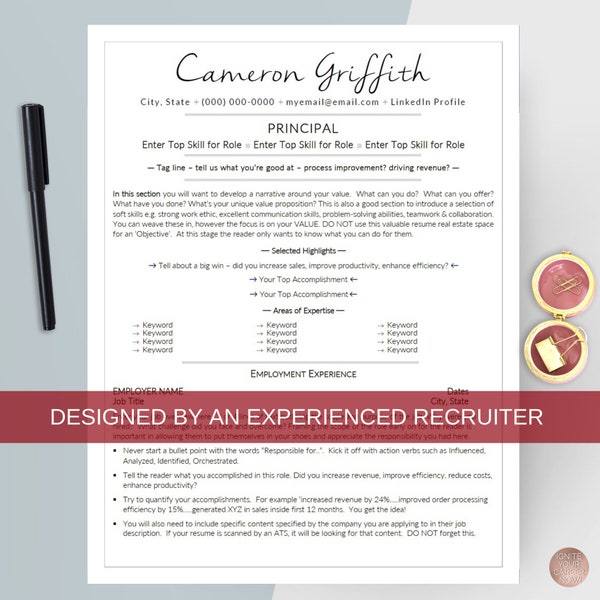 Principal resume etsy