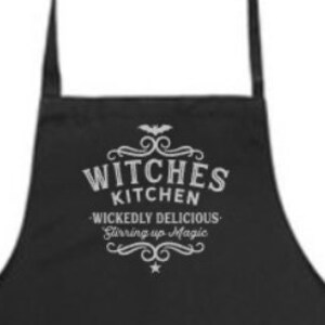 Witches Kitchen | Wickedly Delicious Stirring Up Magic | Apron | Black with Silver |  Made by Miss Mafia | Personalized