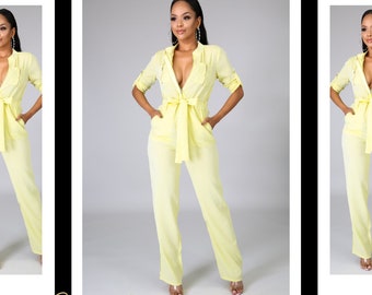 Vintage and handmade cottonlinen bright yellow jumpsuit with cool geometric neckline free shipping