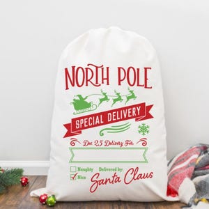 Personalised Santa Sack – North Pole Special Delivery Bag | Christmas Gift Sack | Canvas Calico Look | Naughty/Nice | Christmas Stocking