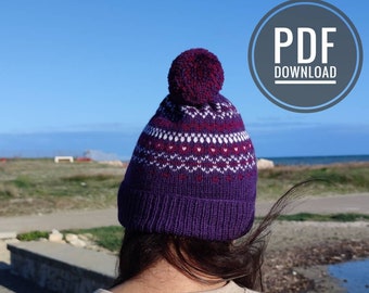 Hat knitting pattern, Beanie knitting pattern, Adult winter hat pattern, Knit Pom hat pattern, PDF hat pattern,  Scandinavian Hat, Fair Isle