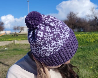 Bonnet en tricot de laine violet - Bonnet ample à pompon - Bonnet jacquard chaud volumineux multicolore - Bonnet en laine d'alpaga - Bonnet à pompon décoratif - Bonnet de ski