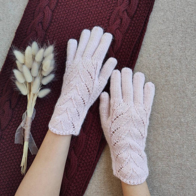 Pink Women wool Gloves Winter Alpaca Wool Mittens Arm Warmers with Fingers Lace Knit Gloves Ladies gloves Woollen Gloves gift image 2
