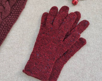 Red Women Wool Gloves - Christmas Soft Tweed Knit Gloves - Winter Merino Wool Mittens - Arm Warmers with Fingers - Warm Women Gloves