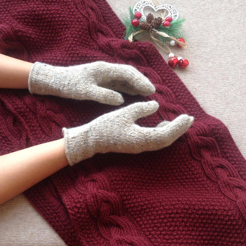 Women Wool Gloves Soft Tweed Knit Gloves Winter Merino Wool Mittens Arm Warmers with Fingers Purple Warm Women Gloves Irish tweed image 8