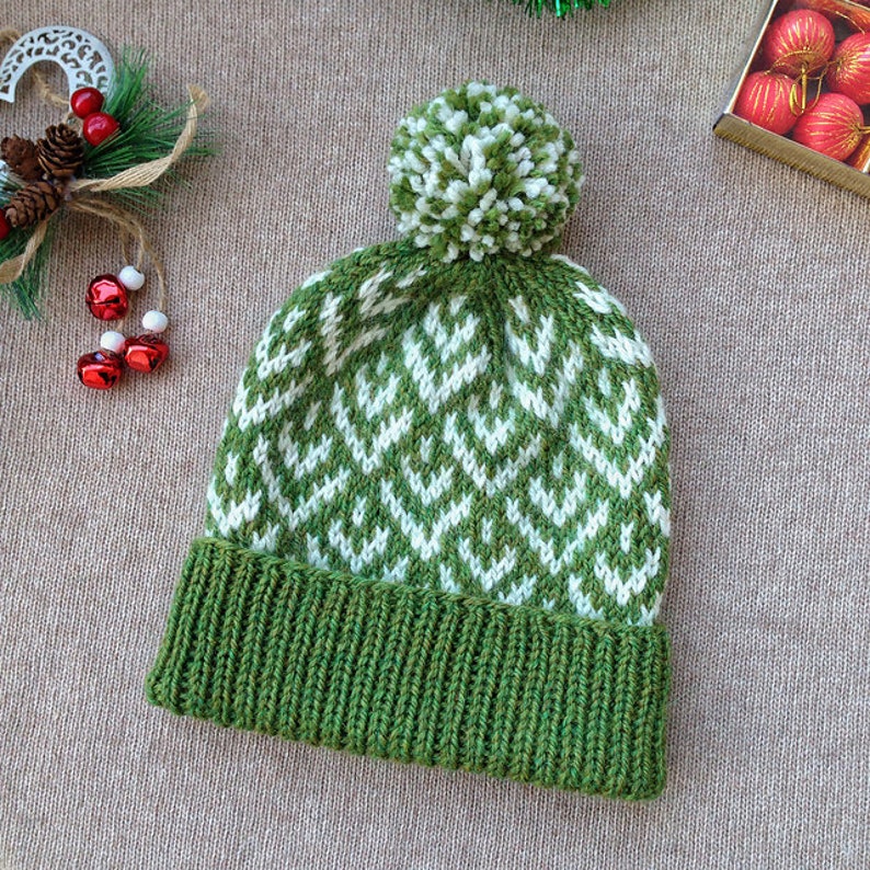 Jacquard Wool Knit Hat Slouchy Pom-Pom Hat Multicolor Warm Jacquard Hat Alpaca Wool Beanie Ornament Pompon Hat Skiing Hat image 8