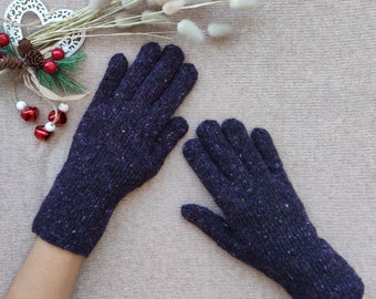 Women Wool Gloves - Soft Tweed Knit Gloves - Winter Merino Wool Mittens - Arm Warmers with Fingers - Purple Warm Women Gloves