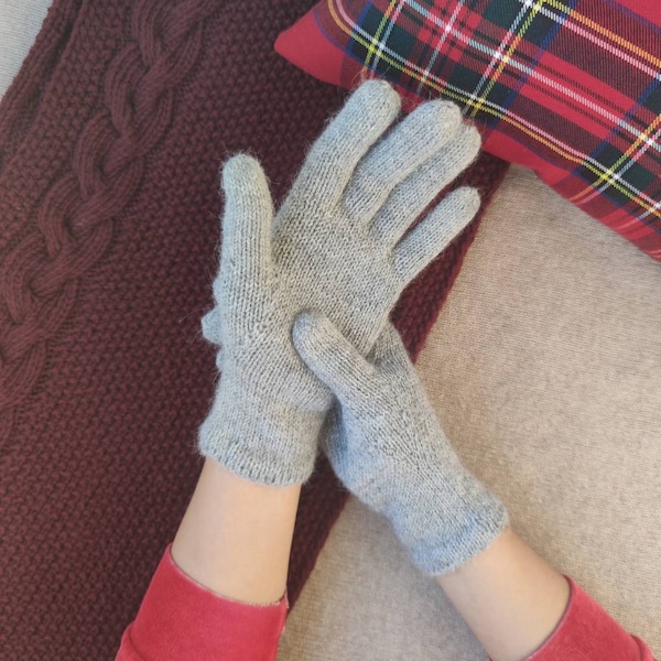 Gants pour femmes en laine grise - Mitaines en laine à doigts tricotées à la main - Chauffe-bras en laine d’automne avec doigts - Gants pour femmes chauds légers - Gants en alpaga