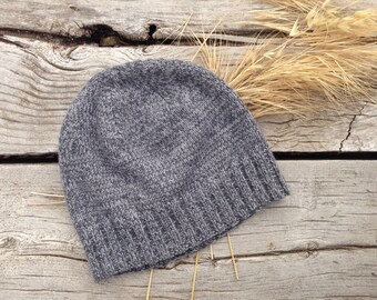 Bonnet en tricot gris - Bonnet tricoté à la main - Chapeau en laine pour hommes - Bonnet en tricot gris - Chapeau chaud - Bonnet Slouchy - Bonnet d’hiver - Chapeau d’automne - Chapeau en laine douce