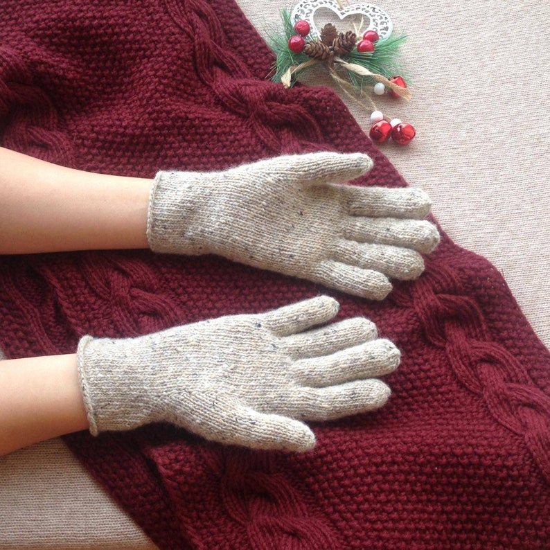 Women Wool Gloves Soft Tweed Knit Gloves Winter Merino Wool Mittens Arm Warmers with Fingers Purple Warm Women Gloves Irish tweed image 7