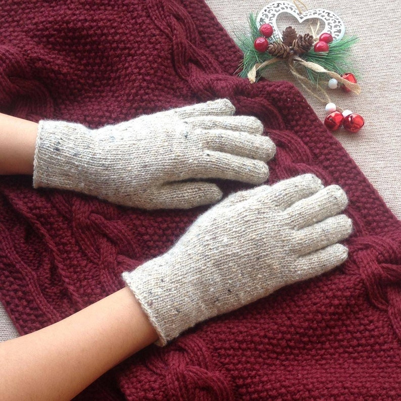 Women Wool Gloves Soft Tweed Knit Gloves Winter Merino Wool Mittens Arm Warmers with Fingers Purple Warm Women Gloves Irish tweed image 6
