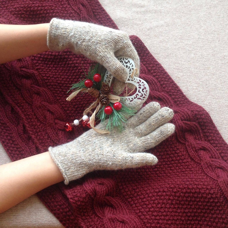 Women Wool Gloves Soft Tweed Knit Gloves Winter Merino Wool Mittens Arm Warmers with Fingers Purple Warm Women Gloves Irish tweed image 5