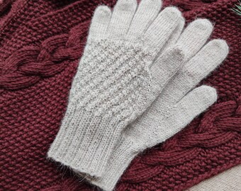 Guantes de lana de punto - Guantes de mujer beige - Manoplas de alpaca de invierno - Calentadores de brazos con dedos - Guantes ligeros y cálidos para mujer - Guantes para exteriores