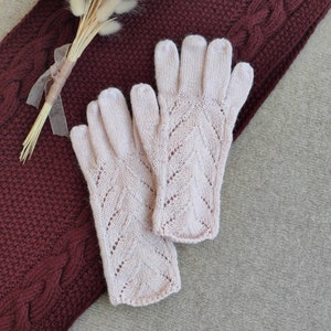 Pink Women wool Gloves Winter Alpaca Wool Mittens Arm Warmers with Fingers Lace Knit Gloves Ladies gloves Woollen Gloves gift image 1