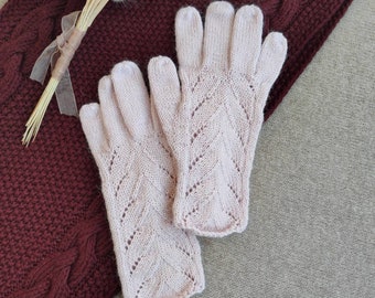 Guantes de lana rosa para mujer - Manoplas de lana de alpaca de invierno - Calentadores de brazos con dedos - Guantes de punto de encaje - Guantes de mujer - Regalo de guantes de lana