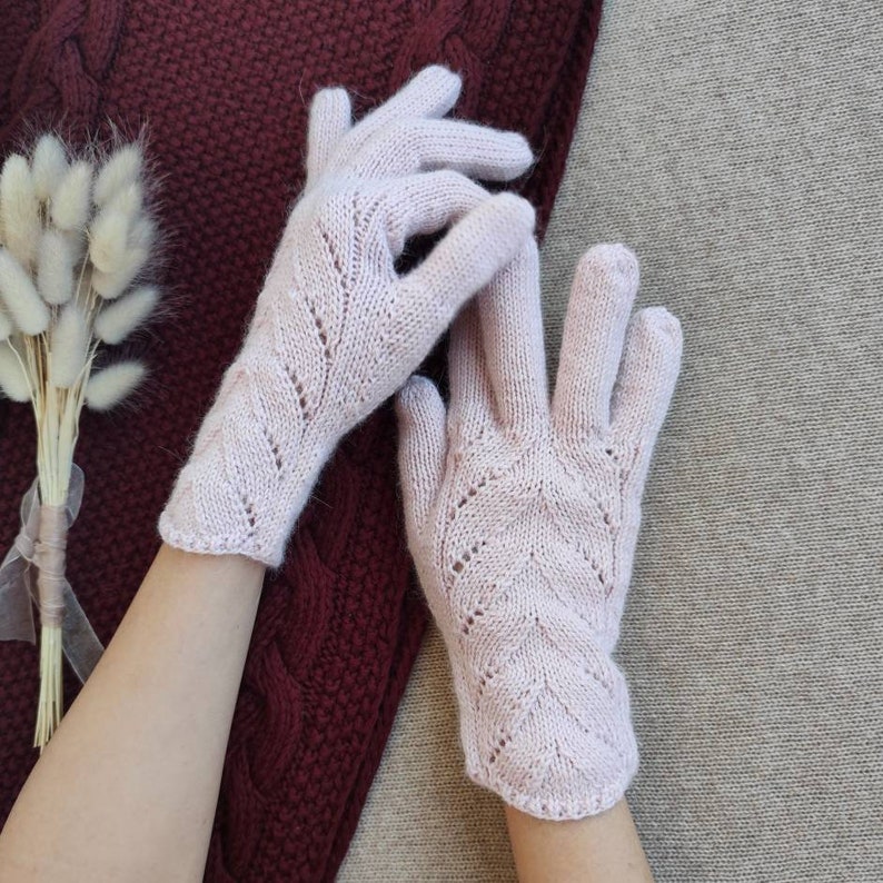 Pink Women wool Gloves Winter Alpaca Wool Mittens Arm Warmers with Fingers Lace Knit Gloves Ladies gloves Woollen Gloves gift image 4