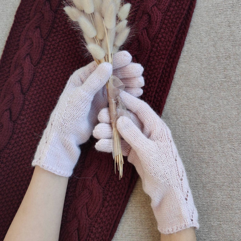 Pink Women wool Gloves Winter Alpaca Wool Mittens Arm Warmers with Fingers Lace Knit Gloves Ladies gloves Woollen Gloves gift image 7