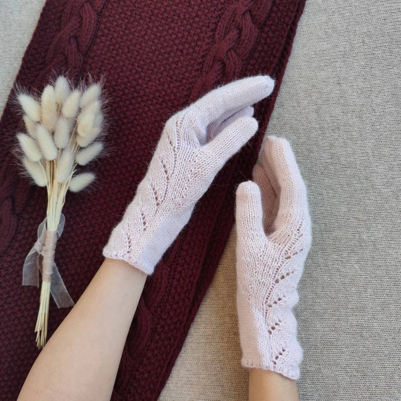 Pink Women wool Gloves Winter Alpaca Wool Mittens Arm Warmers with Fingers Lace Knit Gloves Ladies gloves Woollen Gloves gift image 3