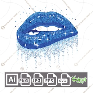 以下が含まれることがあります： 青いグリッターの唇が、滴るような効果で表現されています。唇は黒で縁取られ、歯には白いハイライトが施されています。グリッターは薄い青色で、白い輝きがあります。