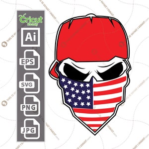May include: A red and white skull wearing a bandana with the American flag design. The skull is wearing a red baseball cap.