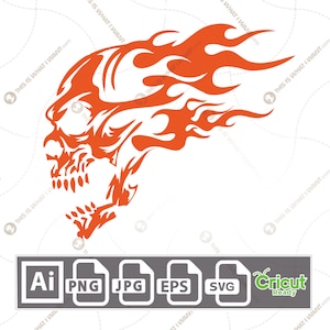 May include: An orange skull with flames coming out of the top of its head. The skull is facing left and has a menacing expression. The flames are stylized and have a sharp, pointed shape.