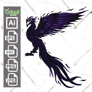 May include: A black and purple phoenix with yellow accents, with its wings spread out in a dramatic pose. The phoenix is a mythical creature that symbolizes rebirth and renewal.