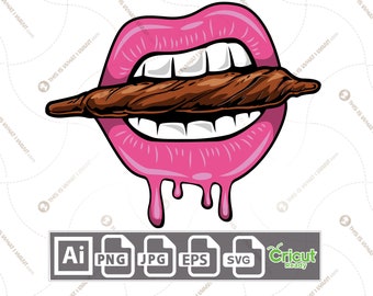 Pink Lips Biting a Blunt Design - Printable Art Design - Hi-Quality Vector Bundle - Ai, Svg, Jpg, Png, Eps - Cricut Ready