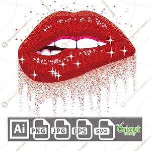 以下が含まれることがあります： キラキラと輝く赤色のグリッターリップ。グリッターが唇から落ち、滴り落ちるような効果を生み出しています。唇は少し開いており、歯が少し見えます。