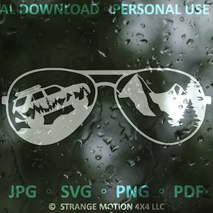 Puede incluir: Una silueta blanca de un par de gafas de sol con una escena de montaña en una lente y un coche conduciendo por un bosque en la otra lente. La imagen está sobre un fondo oscuro con gotas de agua.