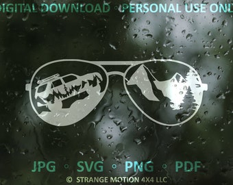 May include: A white silhouette of a pair of sunglasses with a mountain scene in one lens and a car driving through a forest in the other lens. The image is on a dark background with water droplets.