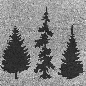 May include: A gray concrete wall with three black silhouette pine trees. An orange vertical stripe is on the left side of the image. The trees vary in size and shape, creating a natural, outdoor theme.
