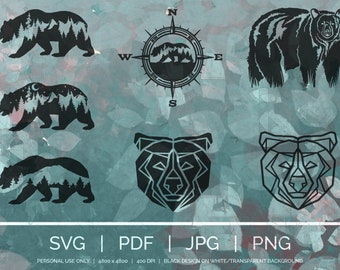 Bear Design SVG Bundle Pack | Laser Cut Files | Cut Files for Cricut and Silhouette | Mountain SVG | Animals | Bear Vector | Clip art | B1