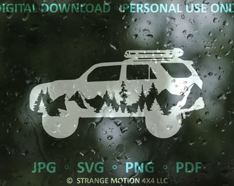 May include: A white silhouette of a car with a roof rack driving through a forest with mountains in the background. The image is on a dark background with water droplets.