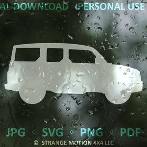 May include: A white silhouette of a car on a dark background with water droplets. The car is a four-door SUV with a boxy design. The image is a digital download for personal use only.  JPG, SVG, PNG, PDF. © STRANGE MOTION 4X4 LLC