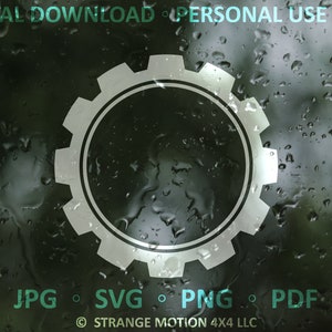 May include: A white gear-shaped graphic with a circle in the center. The graphic is on a dark background with water droplets. The text "JPG SVG PNG PDF" and "STRANGE MOTION 4X4 LLC" is below the graphic.