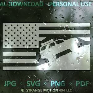 May include: A white silhouette of a car driving up a hill, superimposed on a white and gray American flag. The text "DIGITAL DOWNLOAD PERSONAL USE ONLY" appears at the top of the image, and the text "JPG SVG PNG PDF" appears at the bottom of the image. The text "STRANGE MOTION 4X4 LLC" appears below the text "JPG SVG PNG PDF".
