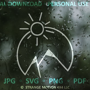 May include: A white outline of a sun and mountains inside a circle, with a raindrop pattern on the background.
